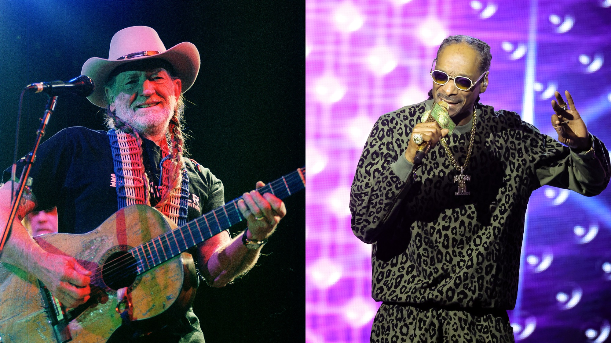 (L) Willie Nelson pictured performing at the Colorado State fair in Pueblo, Colorado on Circa 1996. (R) Snoop Dogg performs onstage during Recording Academy Honors Presented by the Black Music Collective at Hollywood Palladium on February 02, 2023.