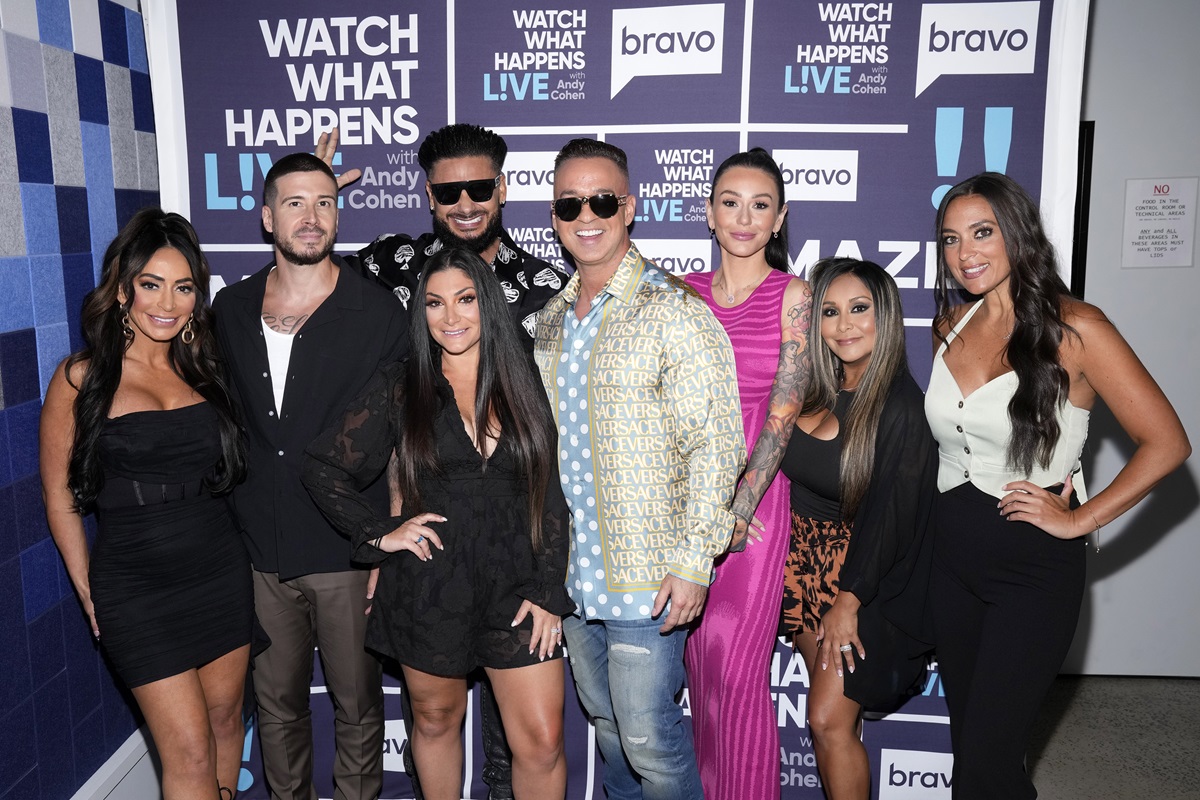 The cast of 'Jersey Shore, Angelina Pivarnick, Vinny Guadagnino, Deena Nicole Cortese, Paul "DJ Pauly D" Delvecchio, Mike "The Situation" Sorrentino, Jenni "JWOWW" Farley, Nicole "Snooki" Polizzi, and Sammi "Sweetheart" Giancola, are pictured together ahead of their appearance on 'Watch What Happens Live with Andy Cohen'