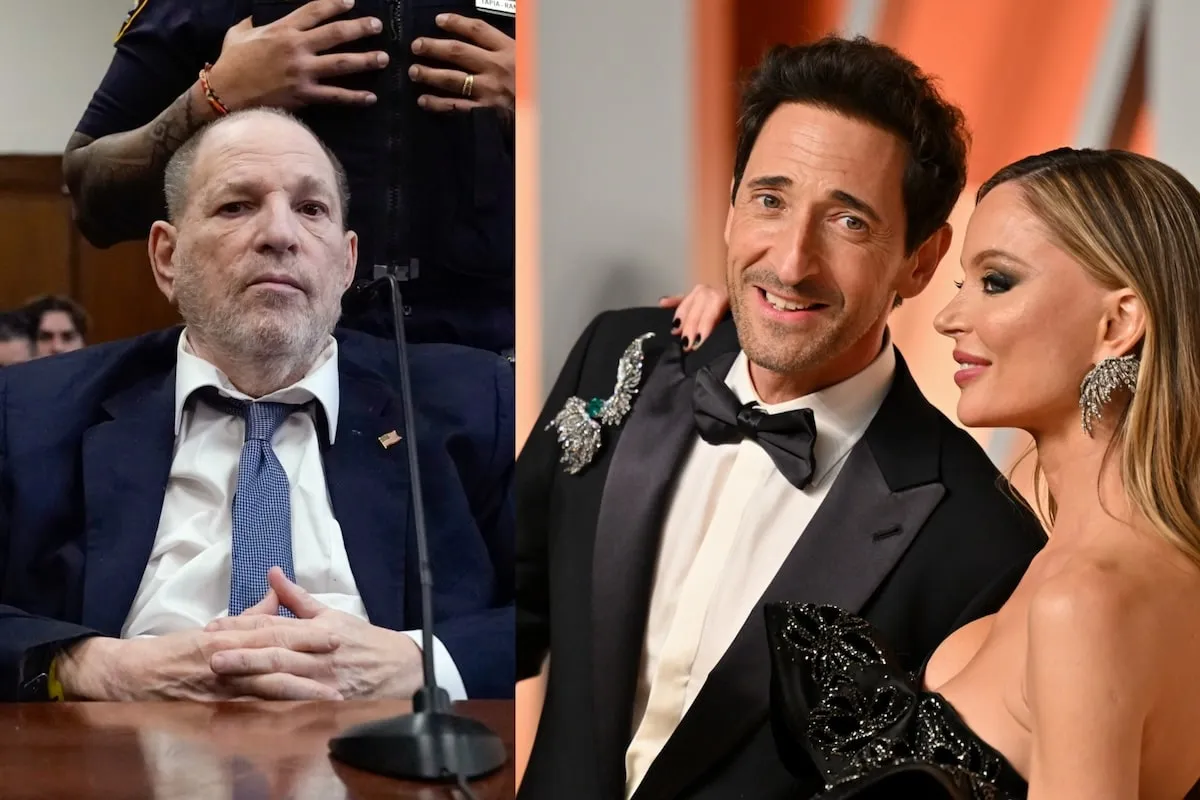 Side by side photos of Harvey Weinstein in court and Adrien Brody and Georgina Chapman at the 2025 Oscars