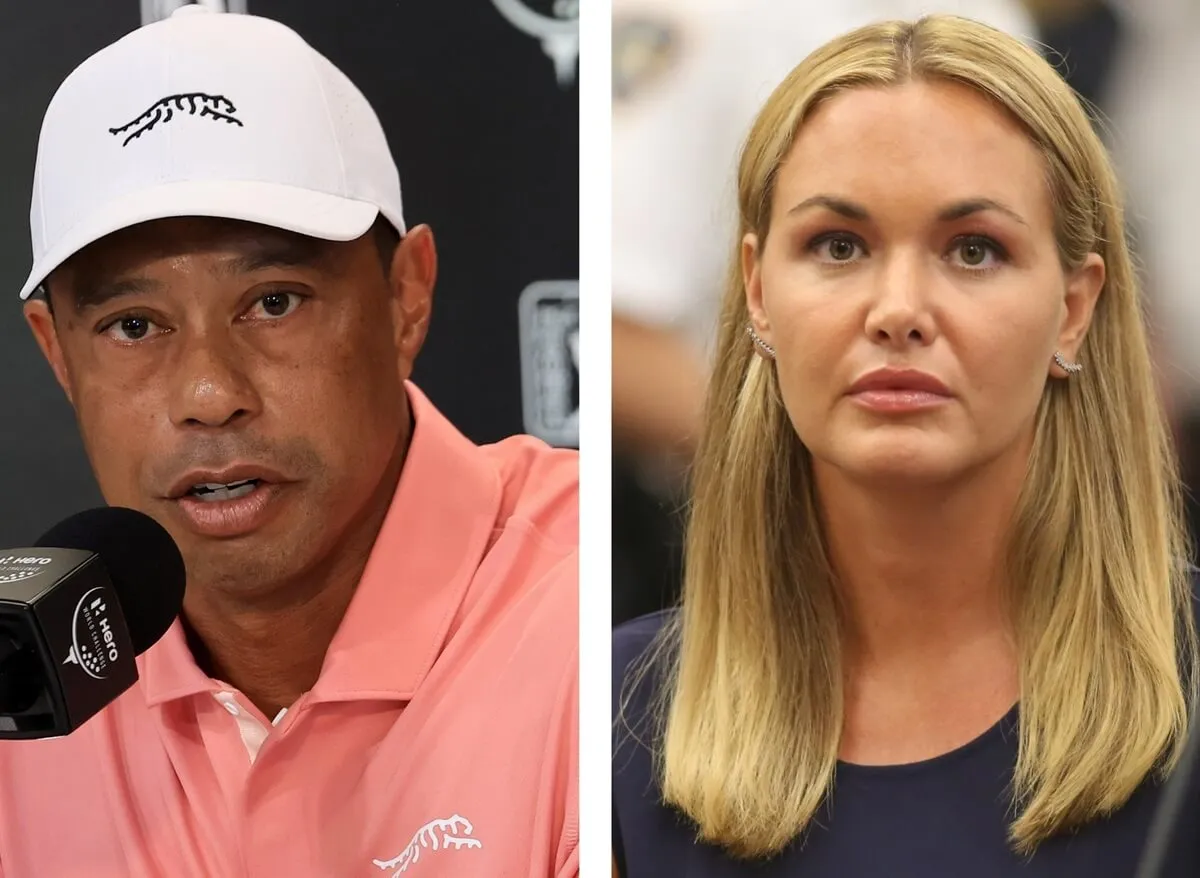 (L) Tiger Woods during a press conference at the Hero's Challenge, (R) Vanessa Trump in a courtroom