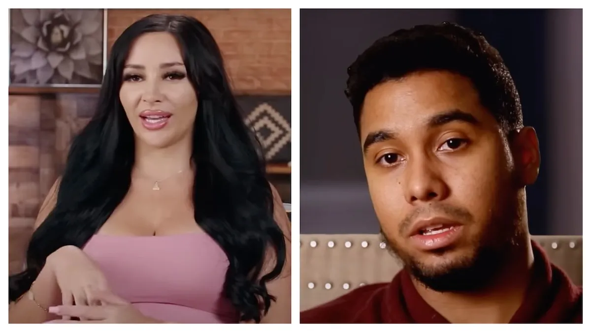 side-by-side photos of Sophie from 90 Day fiance in a pink dress and Pedro in a maroon shirt